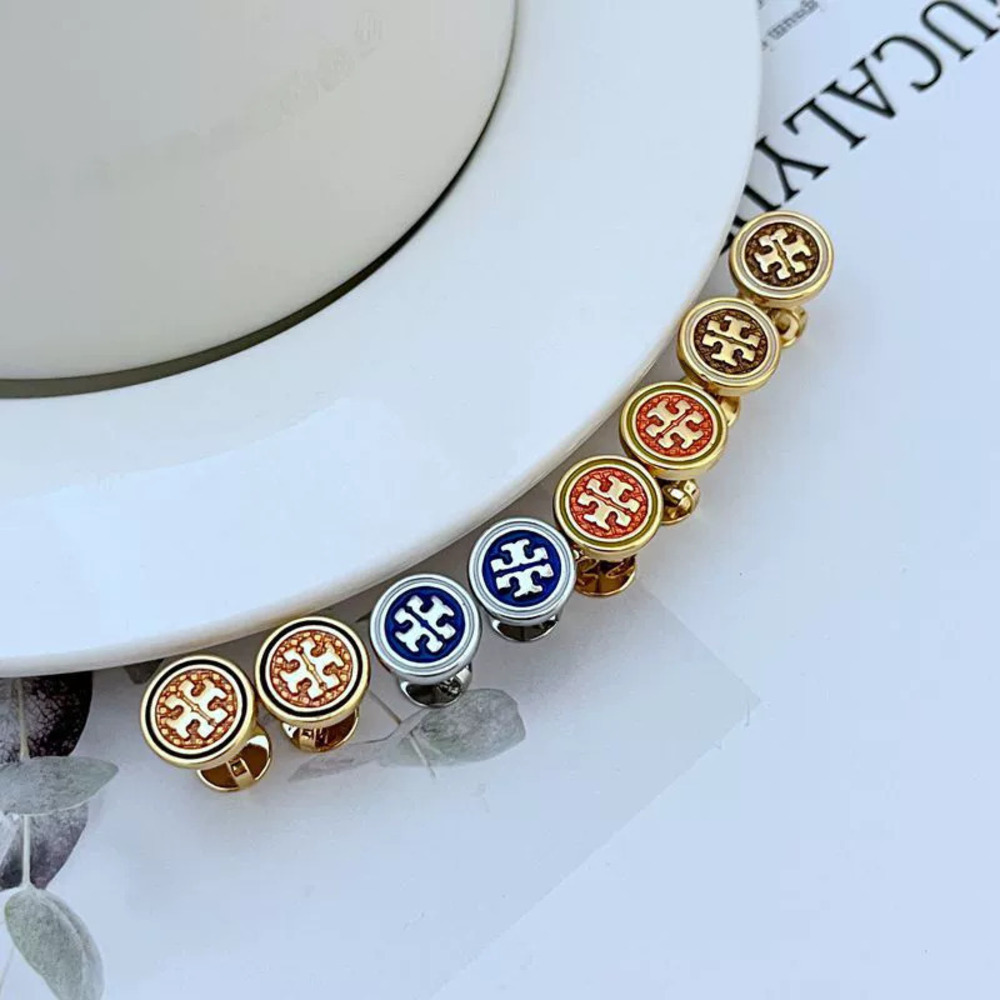 Tory Burch Enamel Inlay Geometric Round Letter Metal Earrings
